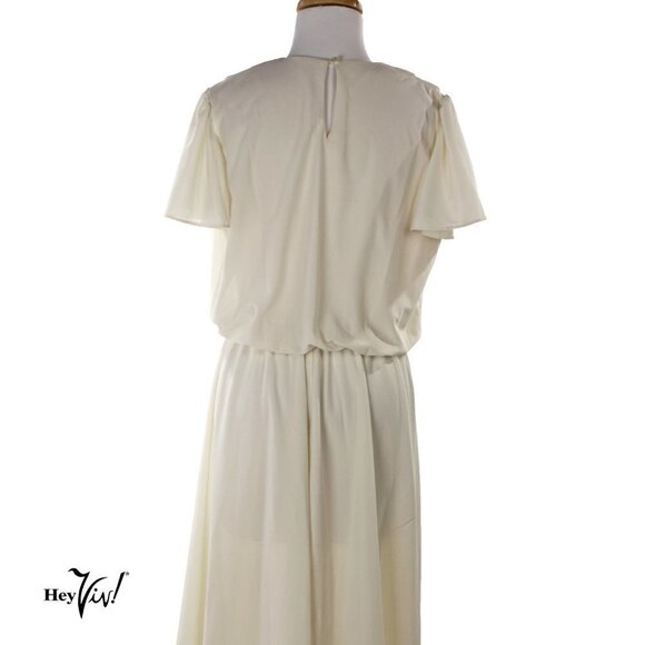 Vintage Ivory Dress w Lace Applique Blouson Top Full Skirt Size L B38 - Hey Viv - Picture 4 of 6